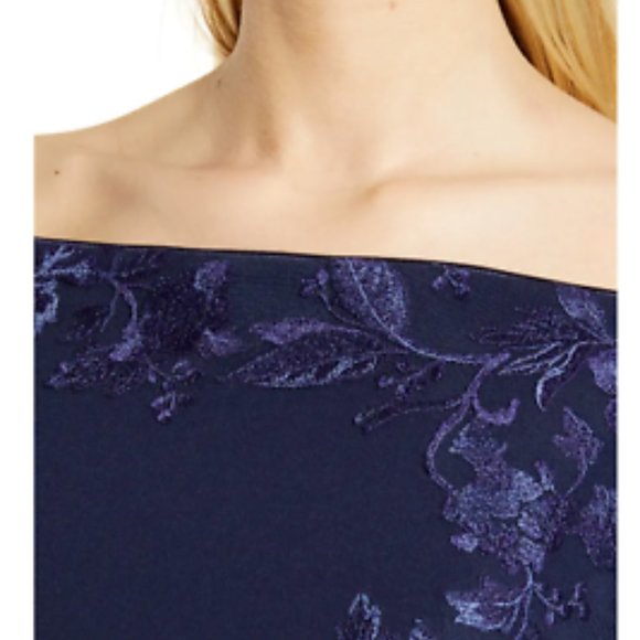 TADASHI SHOJI EMBROIDERED OFF THE SHOULDER 3/4 SLEEVE ROYAL NAVY SHEATH DRESS M - Picture 4 of 7